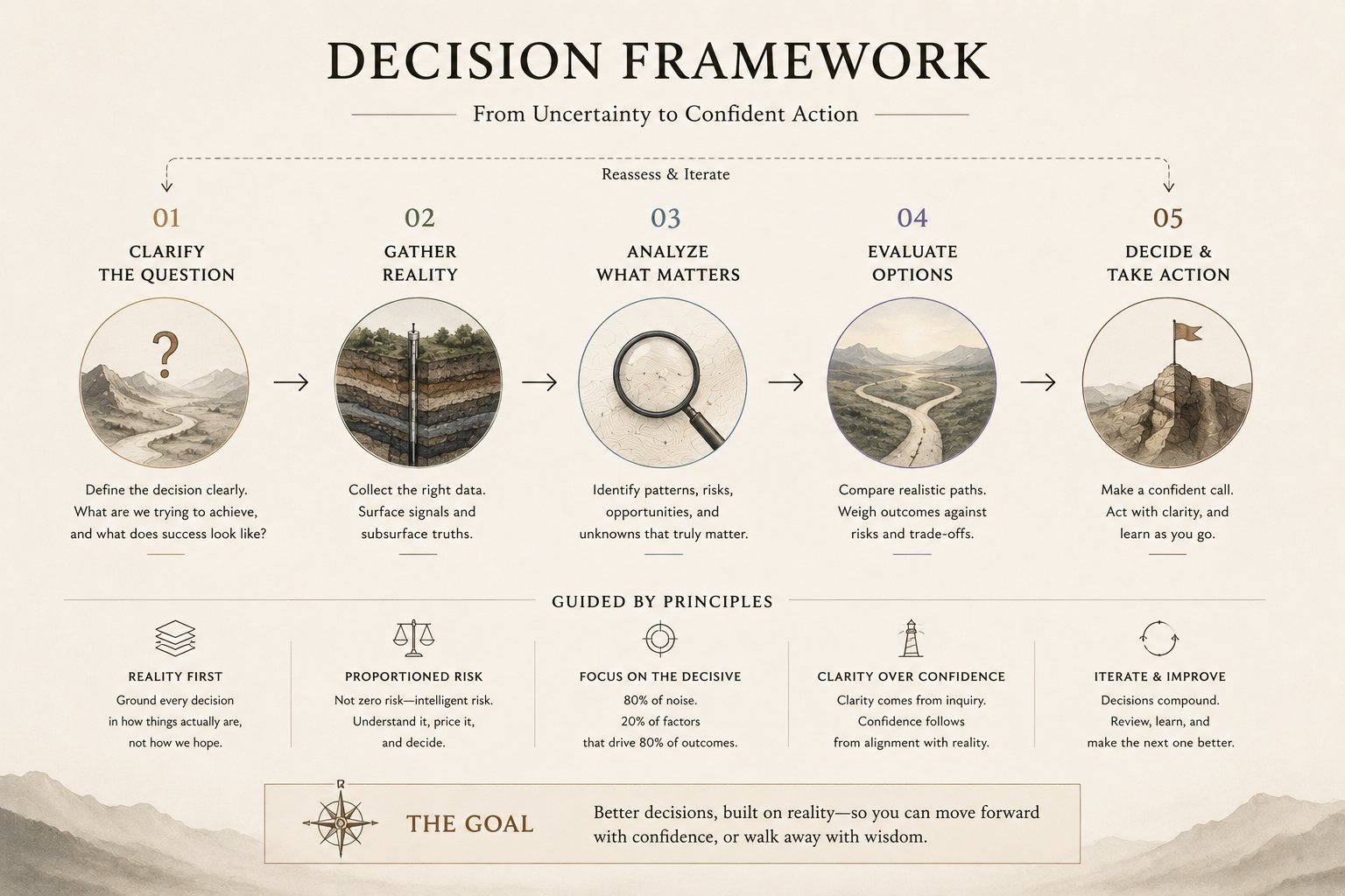 A desk laid out from drill logs and geological maps through to an investor presentation, tracing how raw evidence becomes a confident business decision.