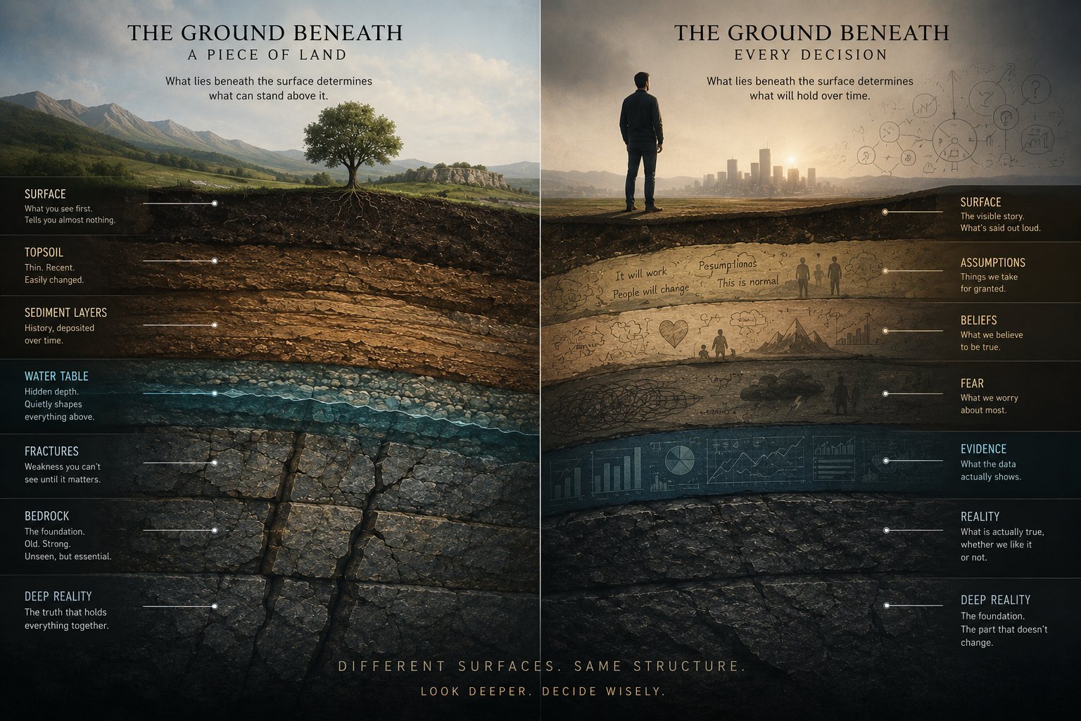 A diptych: the layered ground beneath a piece of land on the left, and the layered ground beneath a human decision on the right — surface, assumptions, beliefs, fear, evidence, reality.