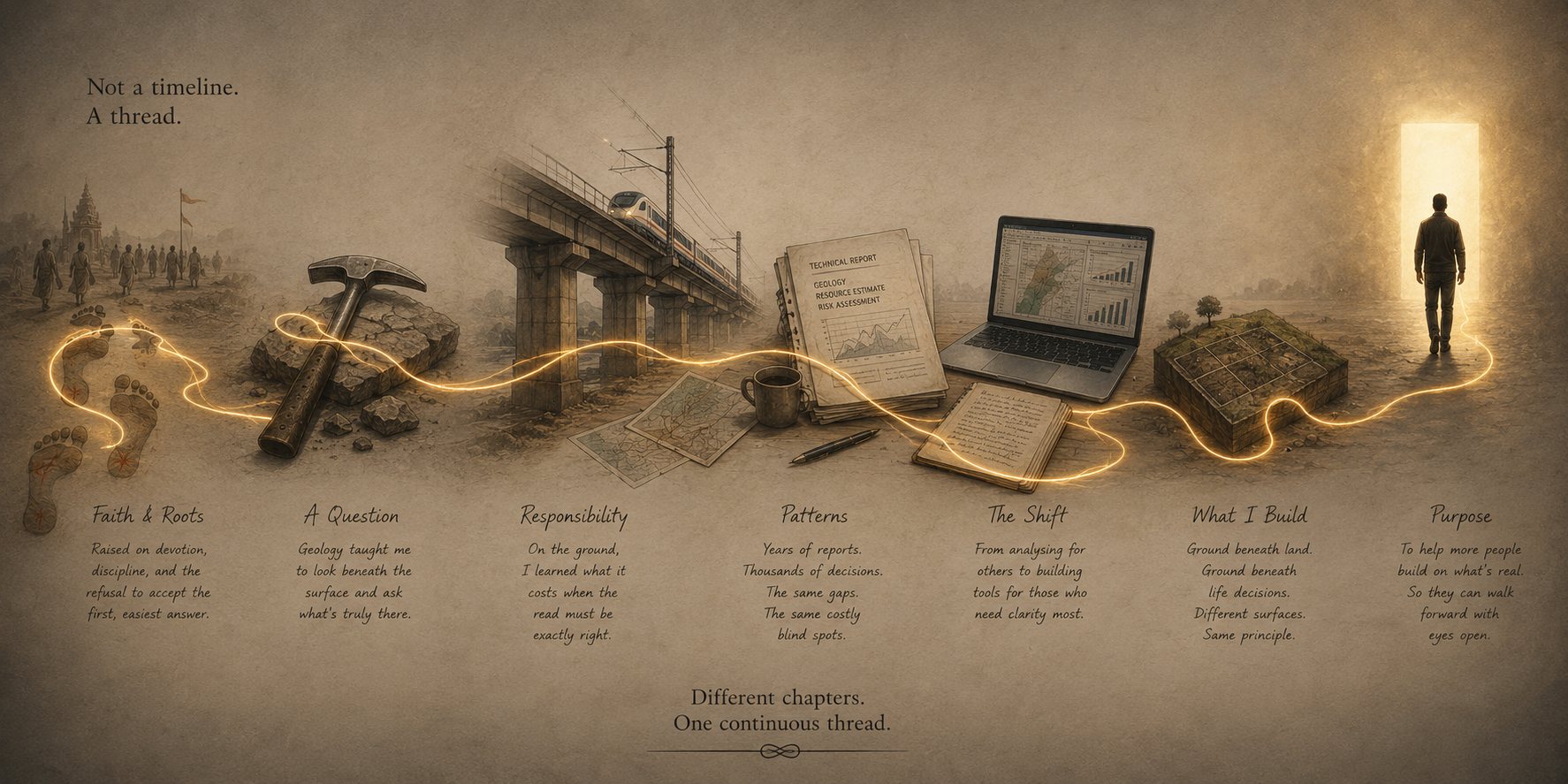An illustrated thread of glowing light connecting footprints, a geologist's hammer, a railway viaduct, technical reports, a laptop, a plot of land, and a figure walking toward a doorway.