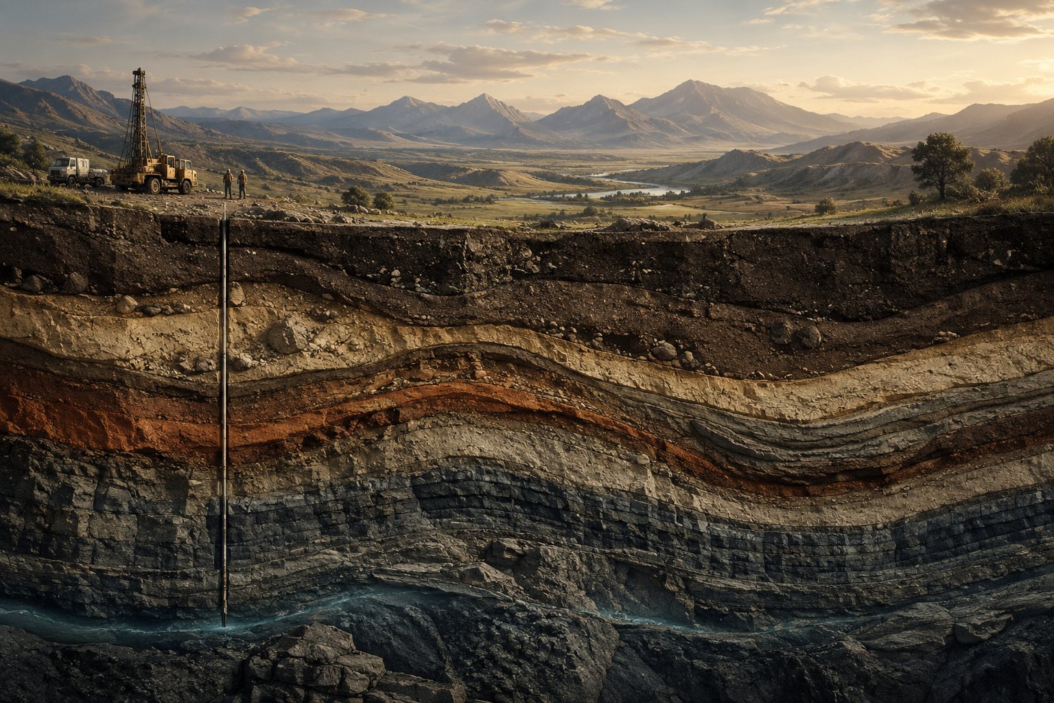 A deep geological cross-section of layered rock strata beneath an open valley, with a drilling rig on the ridge above.
