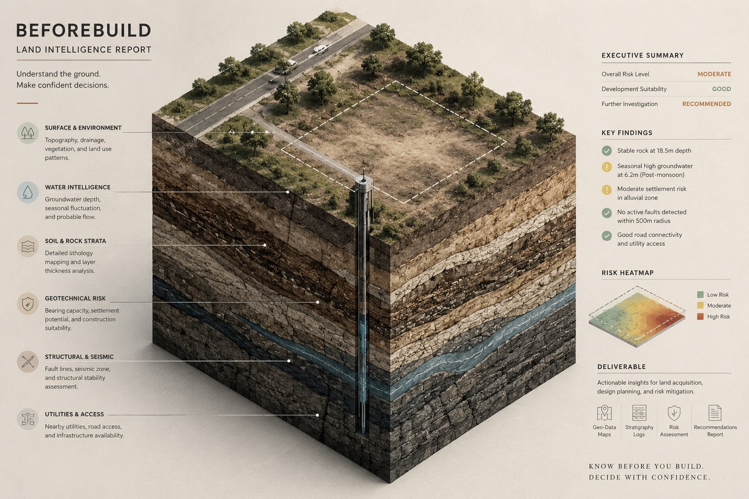 An isometric Land Intelligence Report cutaway showing a plot of land sliced open to reveal soil, rock strata, groundwater and a risk summary.