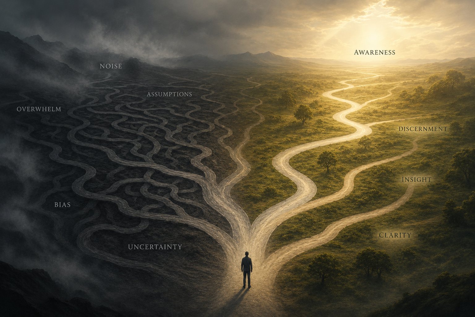 A figure standing where a dark, tangled landscape of uncertainty gives way to a clear, lit path toward clarity.